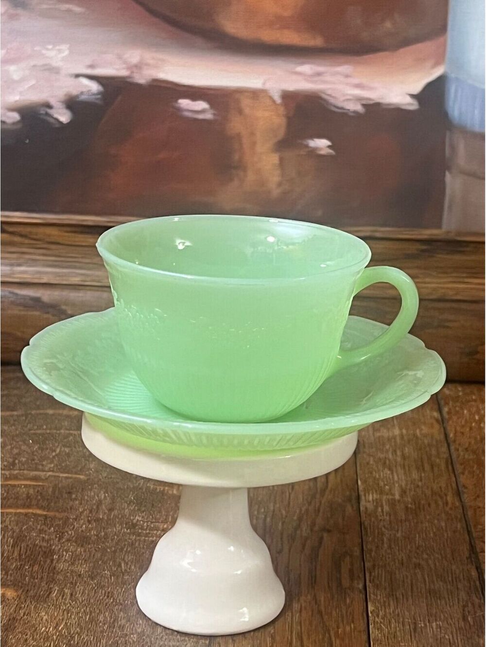 Jadeite Fire- king Alice pattern, saucer, has a white line out